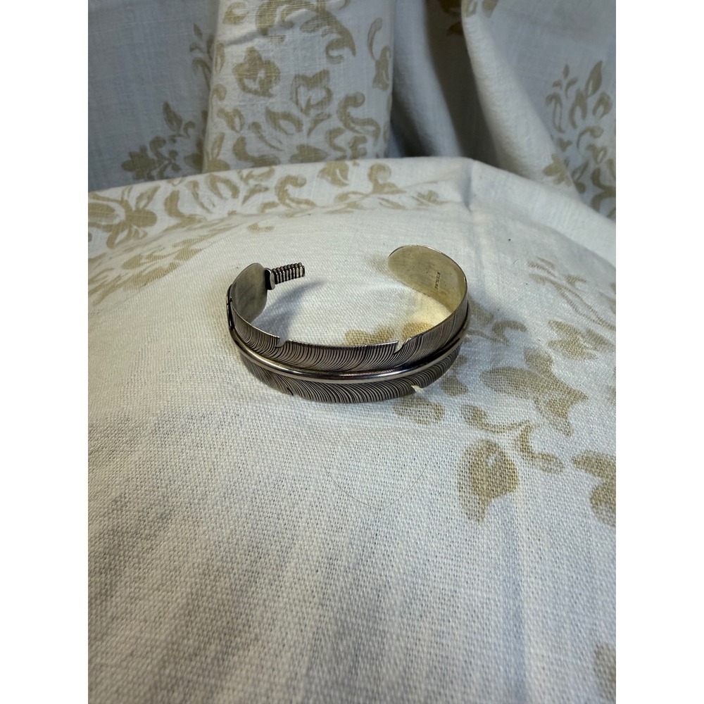 Sterling Silver Feather Cuff Bracelet Textured Wrap Design Wide Band